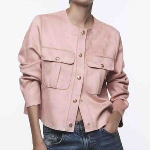 Zara Faux Suede Button Down Lightweight Jacket Pink - Medium NWT